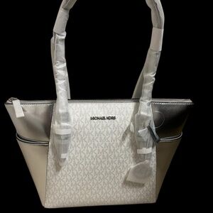 Michael Kors White and Silver Tote Bag with Signature Monogram